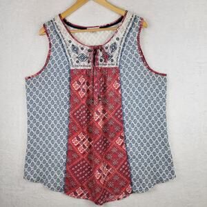 Bohemian 2X Tunic Top Sleeveless Tie Neckline Red White Blue 4th July Holiday